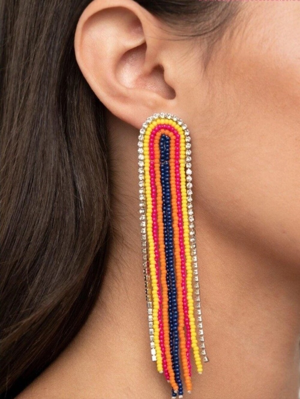 NEW Beaded Fringe Statement Earrings in Yellow, Pink & Blue #0354